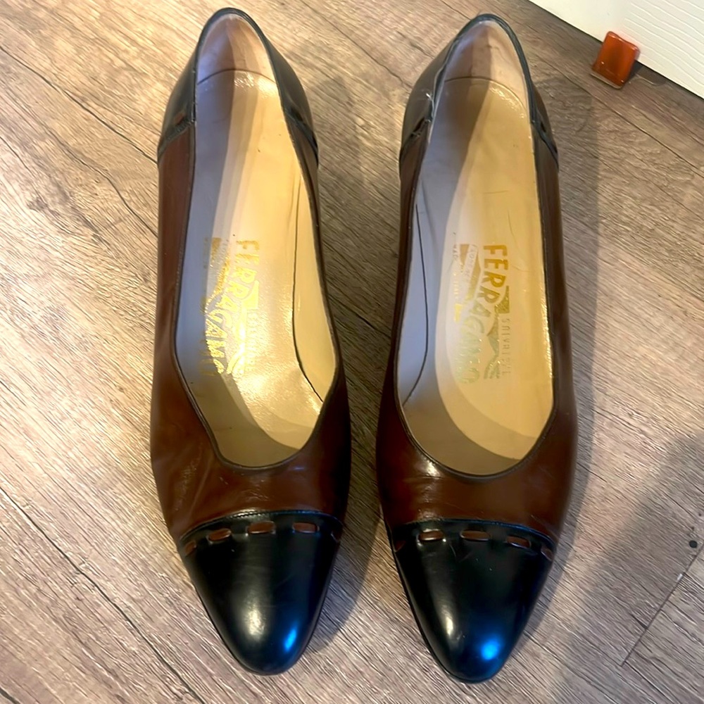Black and Brown Ferragamo low heels excellent condition size 7 1/2